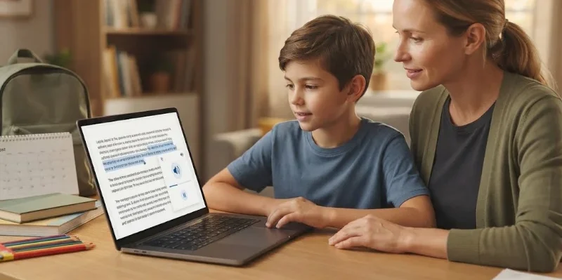Parent and child setting up assistive technology on a laptop before the school year starts