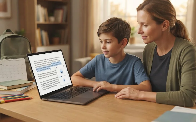 Parent and child setting up assistive technology on a laptop before the school year starts